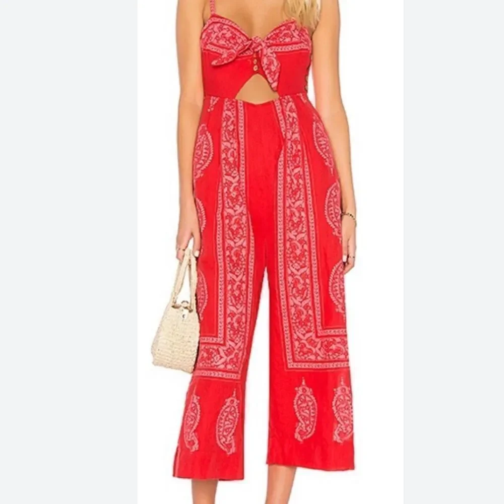 NWT Free People Feel The Sun printed linen blend jumpsuit Sz 0